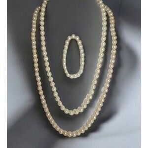 Vintage Estate Faux Pearl 2 Necklaces & Stretch Bracelet Set 28" 24" 7"